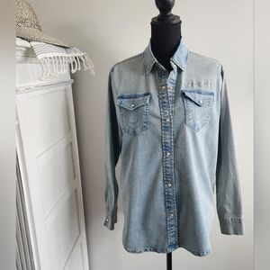 NWT TRUE RELIGION LOGO GEORGIA BUTTON-UP DENIM SHIRT
